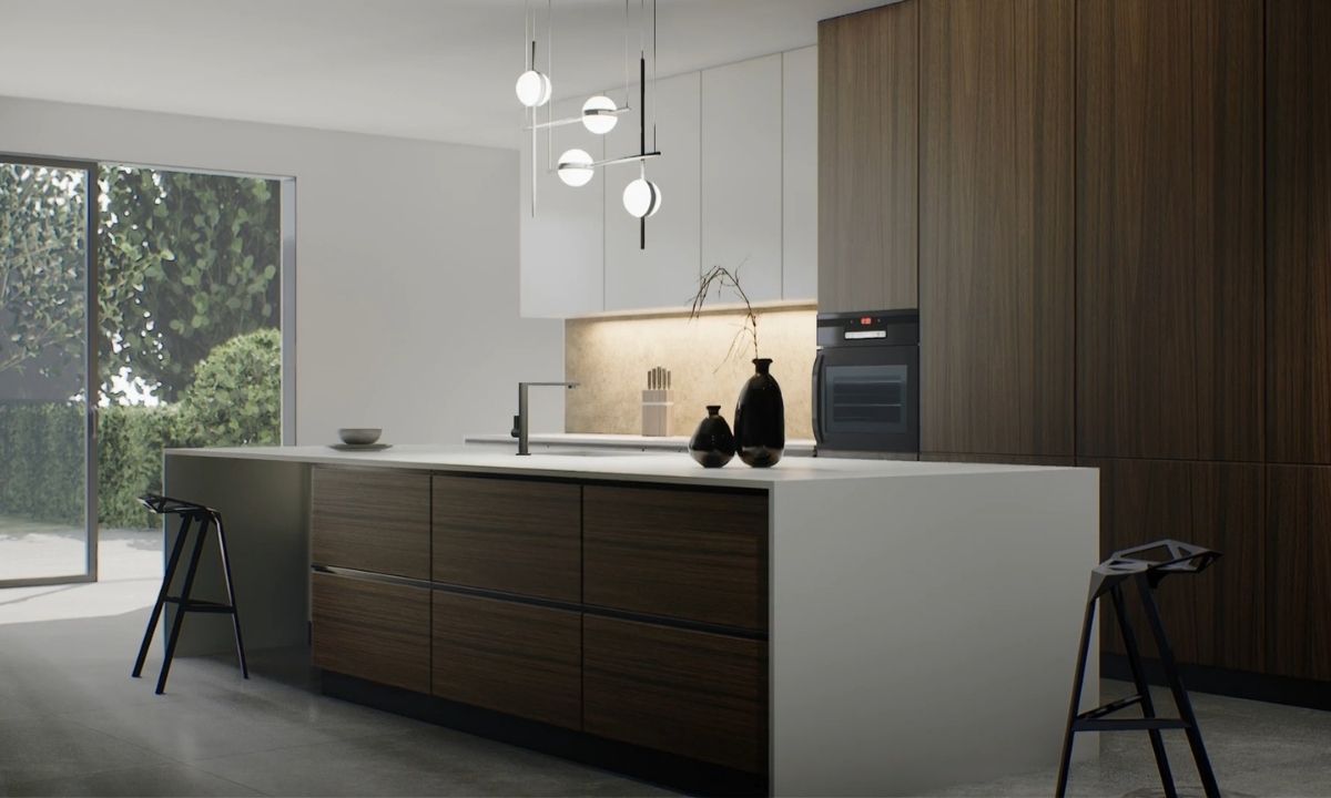 prikaz drveno belo smeđe kuhinje